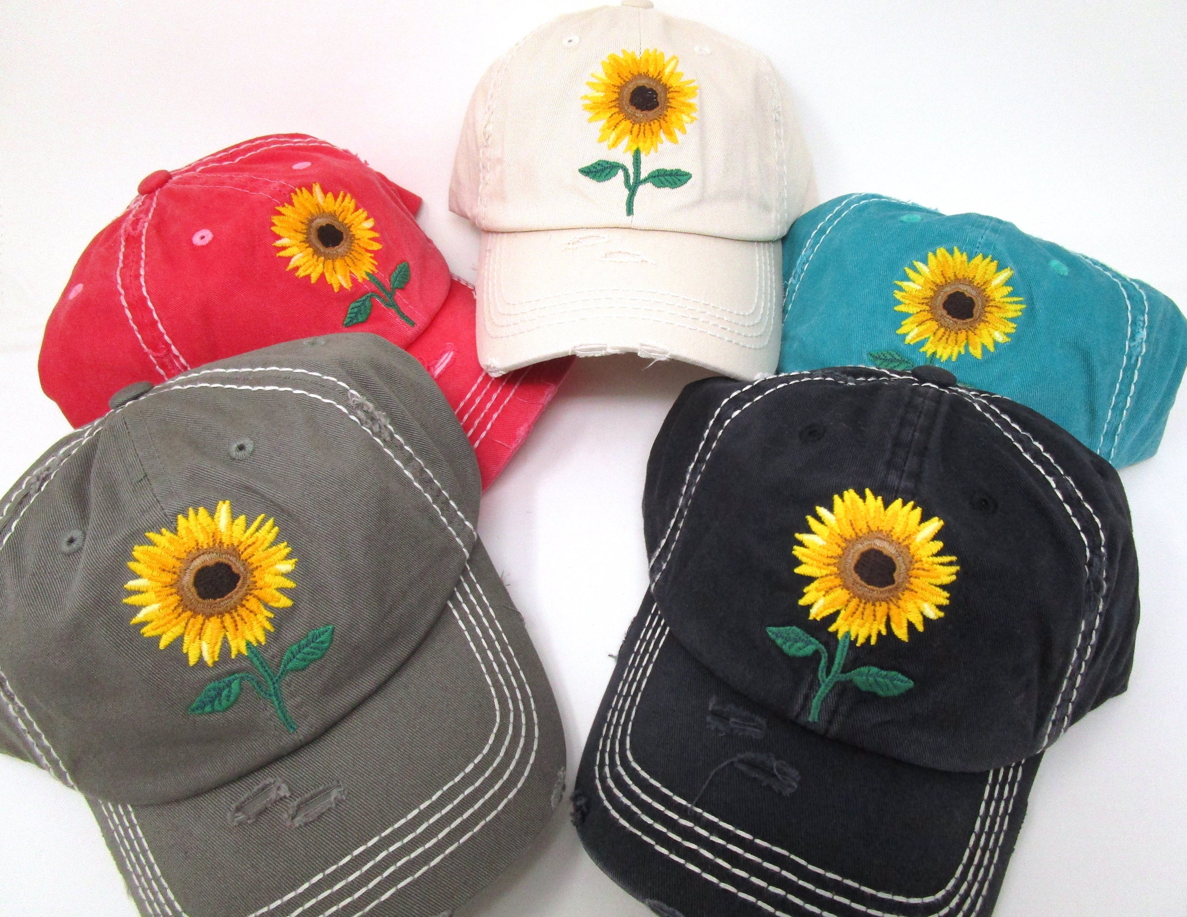 Sunflower Embroidered Vintage Distressed Cap Treasured Haven Online